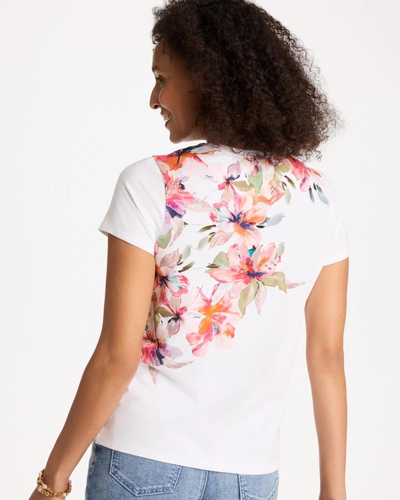 Chicos Cotton Stretch Ethereal Floral Cap Sleeve Tee - CALYPSO CORAL