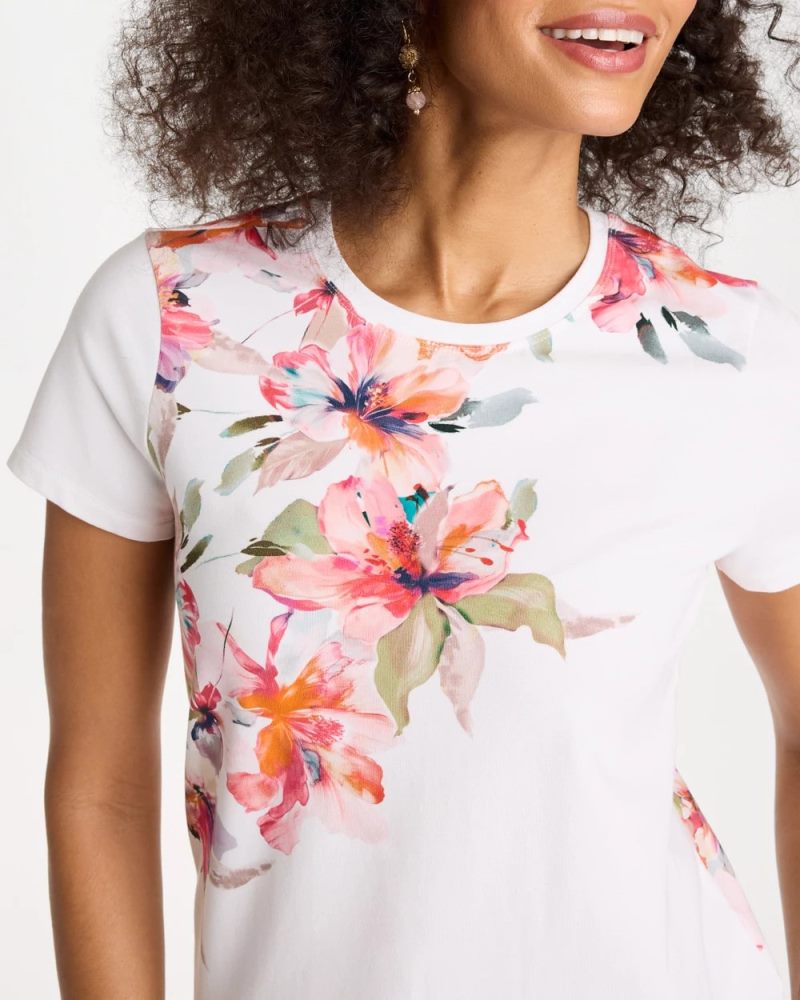 Chicos Cotton Stretch Ethereal Floral Cap Sleeve Tee - CALYPSO CORAL