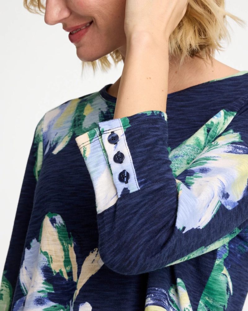 Chicos Printed Slub Button Detail Tee - PASSPORT BLUE