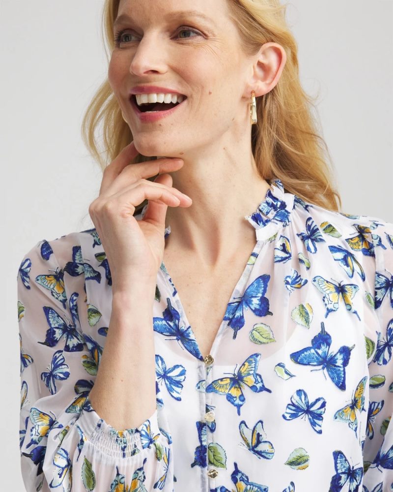 Chicos Ruffle Collar Butterfly Burnout Blouse - BLUE CASA