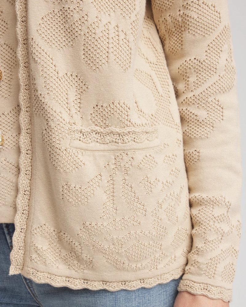 Chicos Pointelle Lace Scallop Cardigan - WILD TRUFFLE