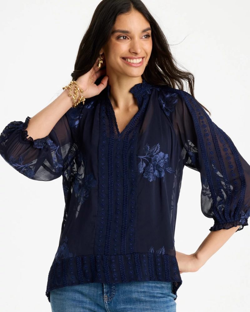 Chicos Embellished Splitneck Blouse - PASSPORT BLUE