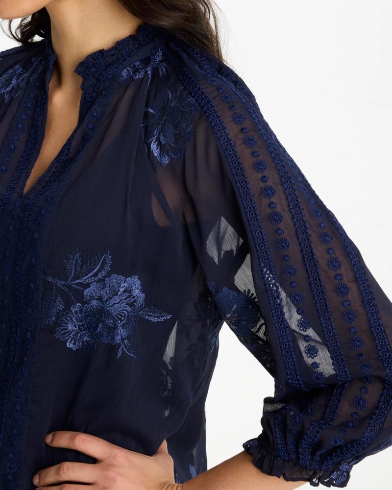 Chicos Embellished Splitneck Blouse - PASSPORT BLUE