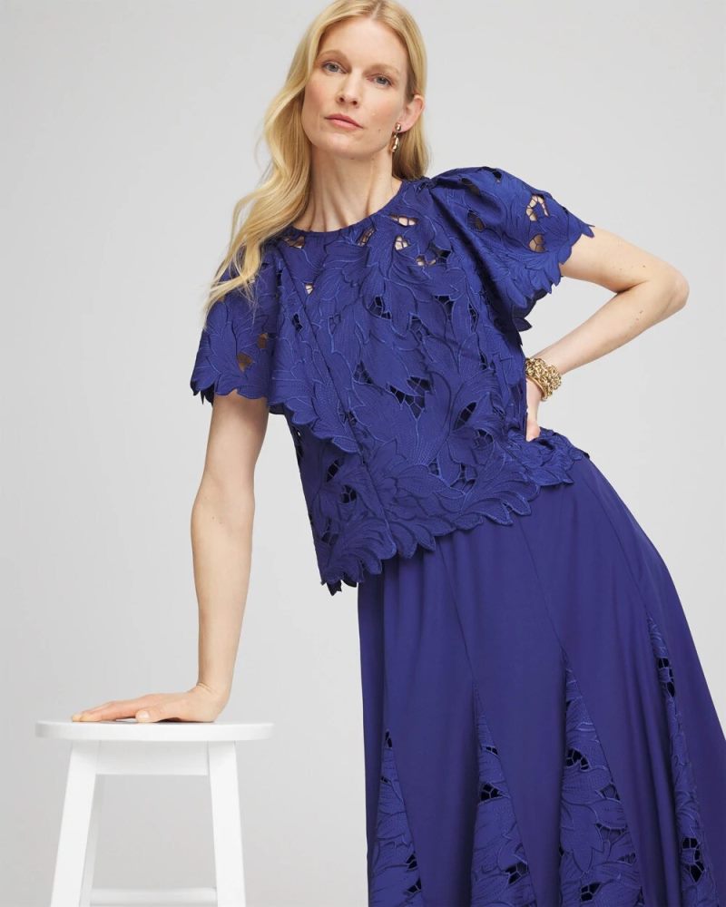 Chicos Lace Detail Flutter Sleeve Top - BLUE CASA
