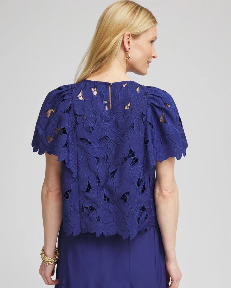 Chicos Lace Detail Flutter Sleeve Top - BLUE CASA