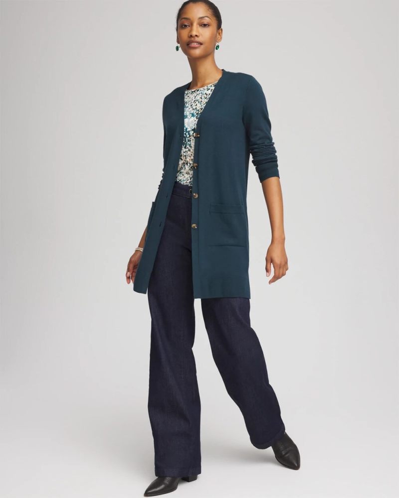 Chicos Ella Pocketed Cardigan Sweater - TEAL SHADOW