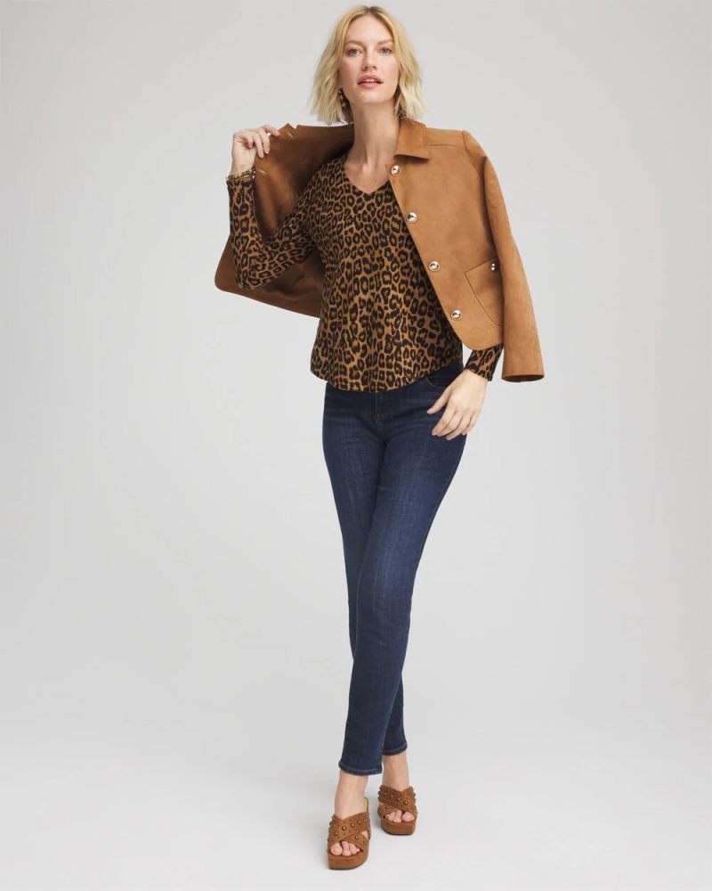 Chicos Ella V-Neck Printed Pullover Sweater - SAND