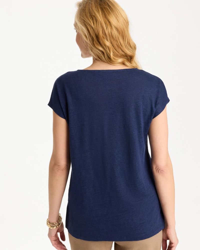 Chicos Embroidered Linen Dolman Tee - PASSPORT BLUE