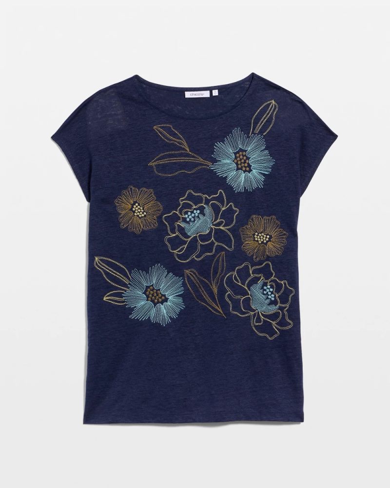 Chicos Embroidered Linen Dolman Tee - PASSPORT BLUE
