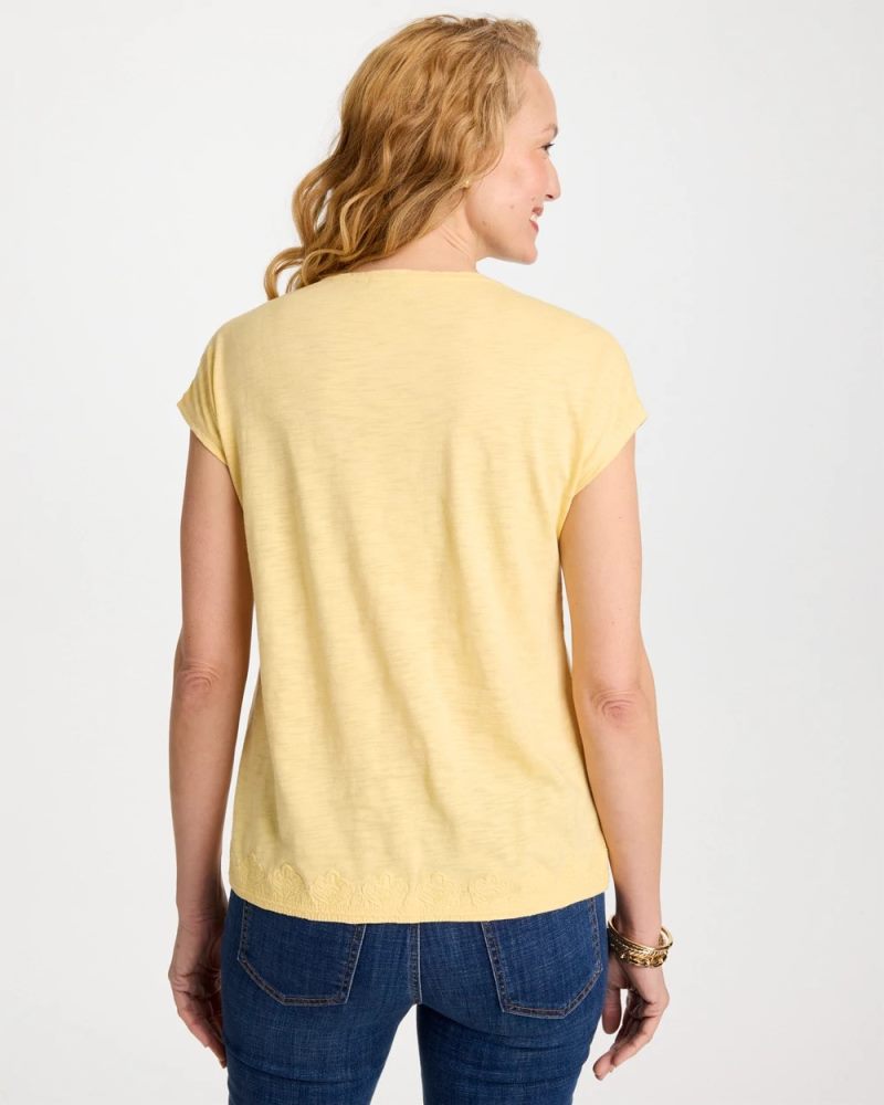 Chicos Monochrome Embroidered Cap-Sleeve Tee - GOLDEN HAZE