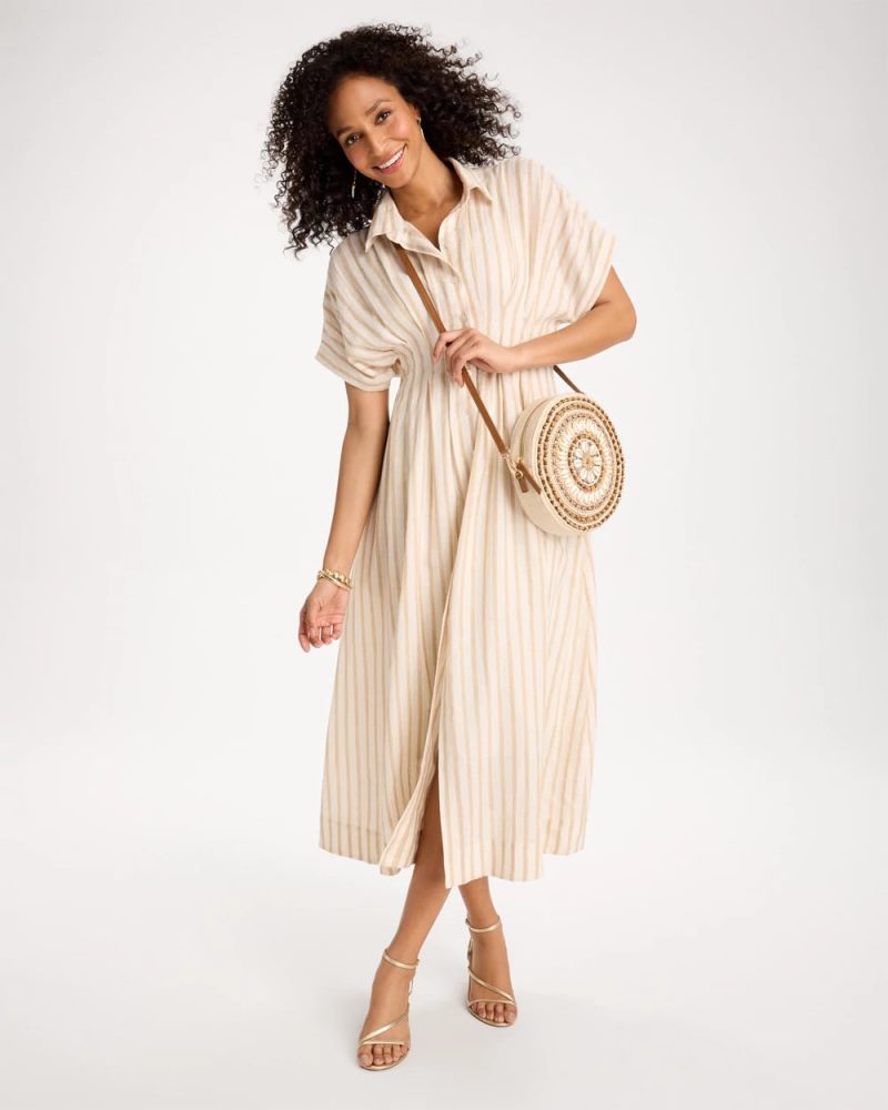 Chicos Linen-Blend Metallic Striped Dress - ALABASTER