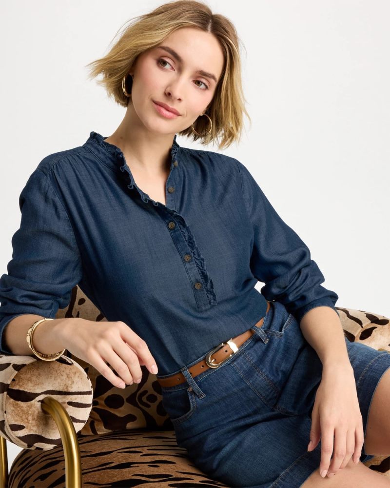 Chicos Tencel Denim Ruffled Popover Shirt - SOLANA INDIGO