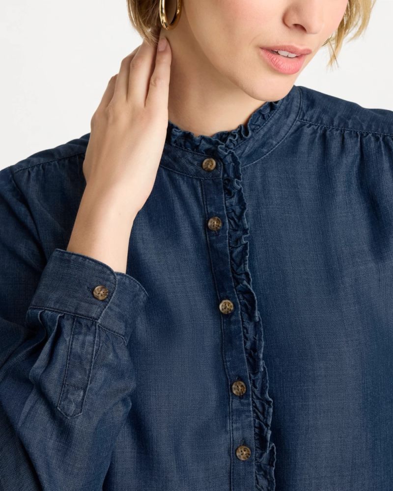 Chicos Tencel Denim Ruffled Popover Shirt - SOLANA INDIGO