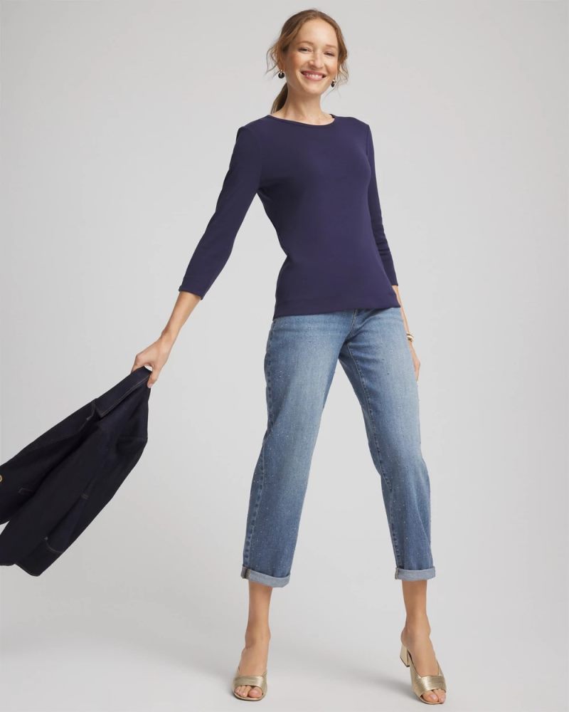 Chicos Pima Cotton Crewneck Button Tee - PASSPORT BLUE