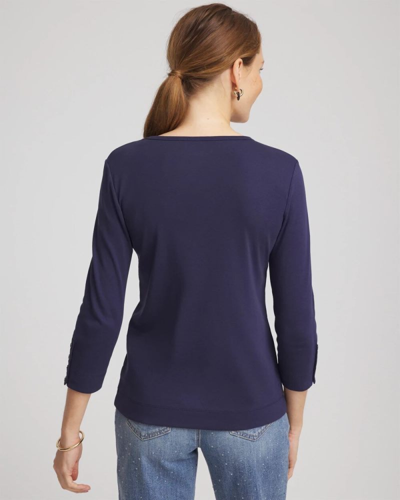 Chicos Pima Cotton Crewneck Button Tee - PASSPORT BLUE