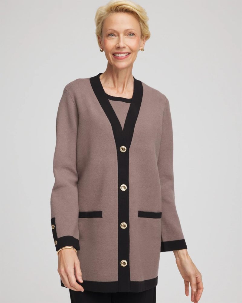 Chicos Travelers™ Tipped Button-Down Cardigan - DEEP TAUPE