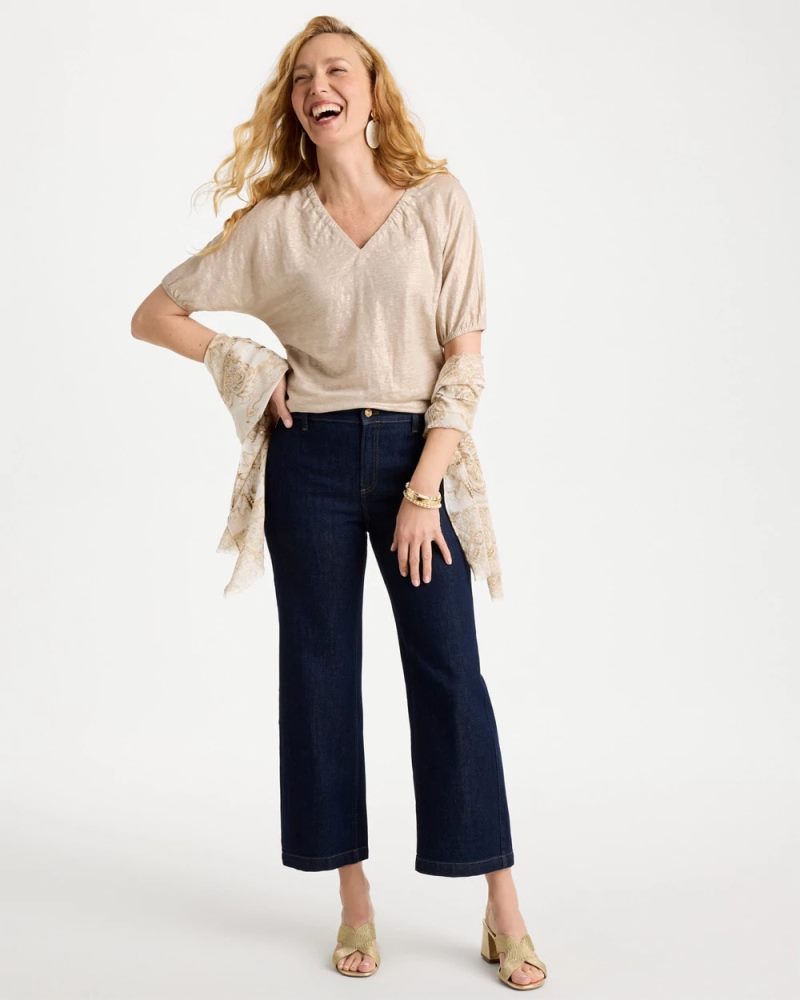 Chicos Fog Foiled Linen Ruched V-Neck Tee - SMOKEY TAUPE