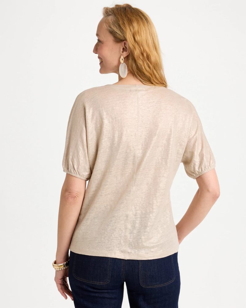 Chicos Fog Foiled Linen Ruched V-Neck Tee - SMOKEY TAUPE
