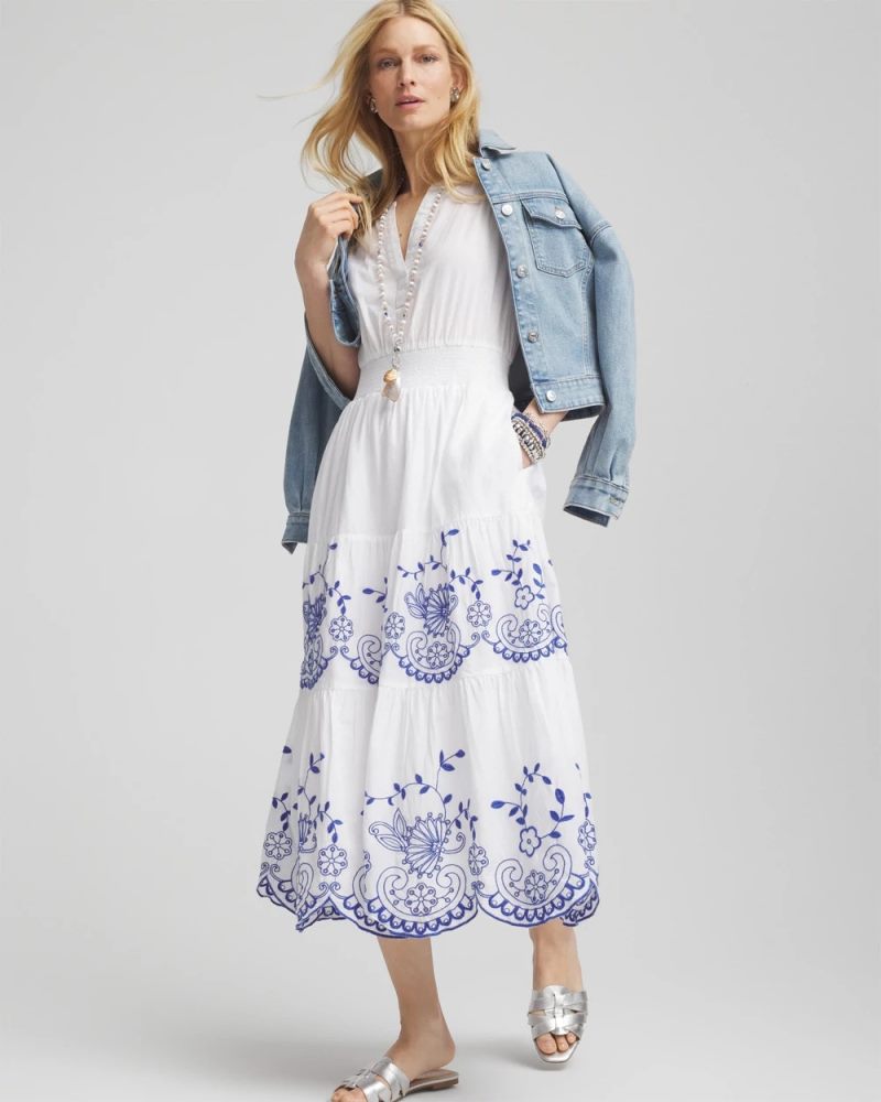 Chicos Embroidered Smocked Waist Dress - ALABASTER