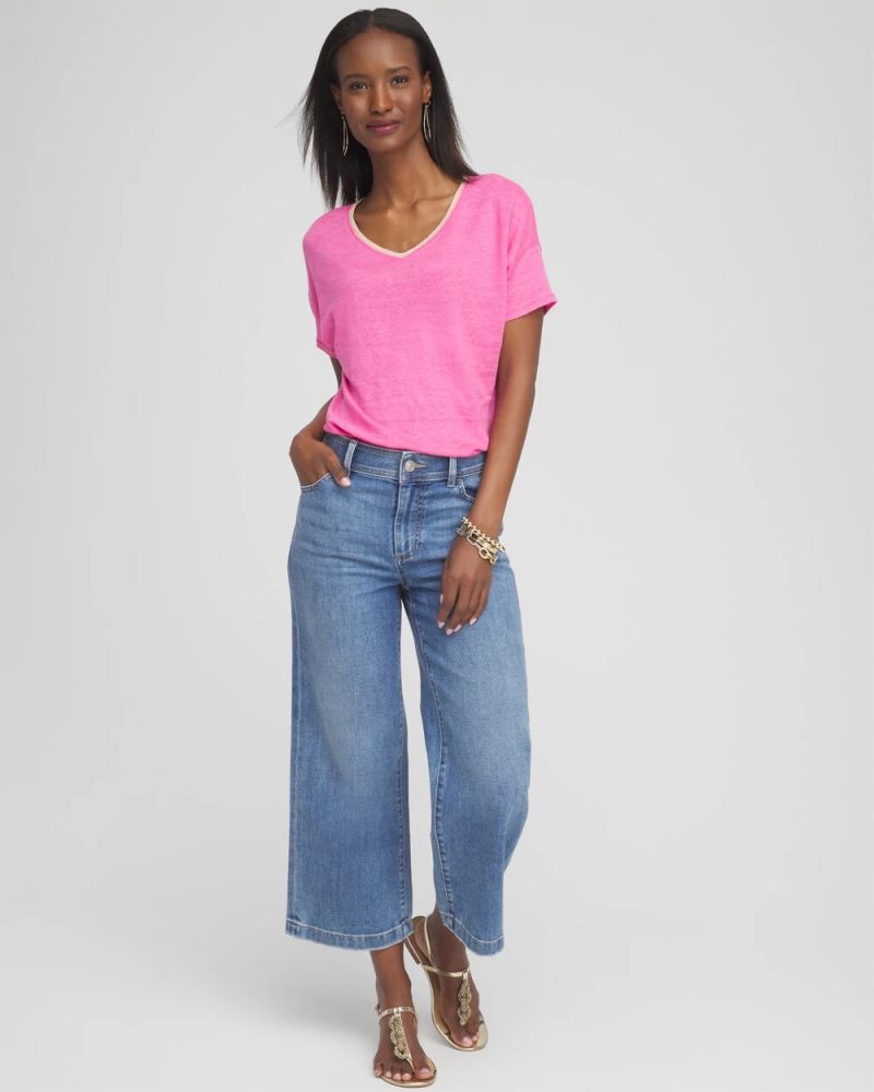 Chicos Sweater Trim Linen Tee - DELIGHTFUL PINK