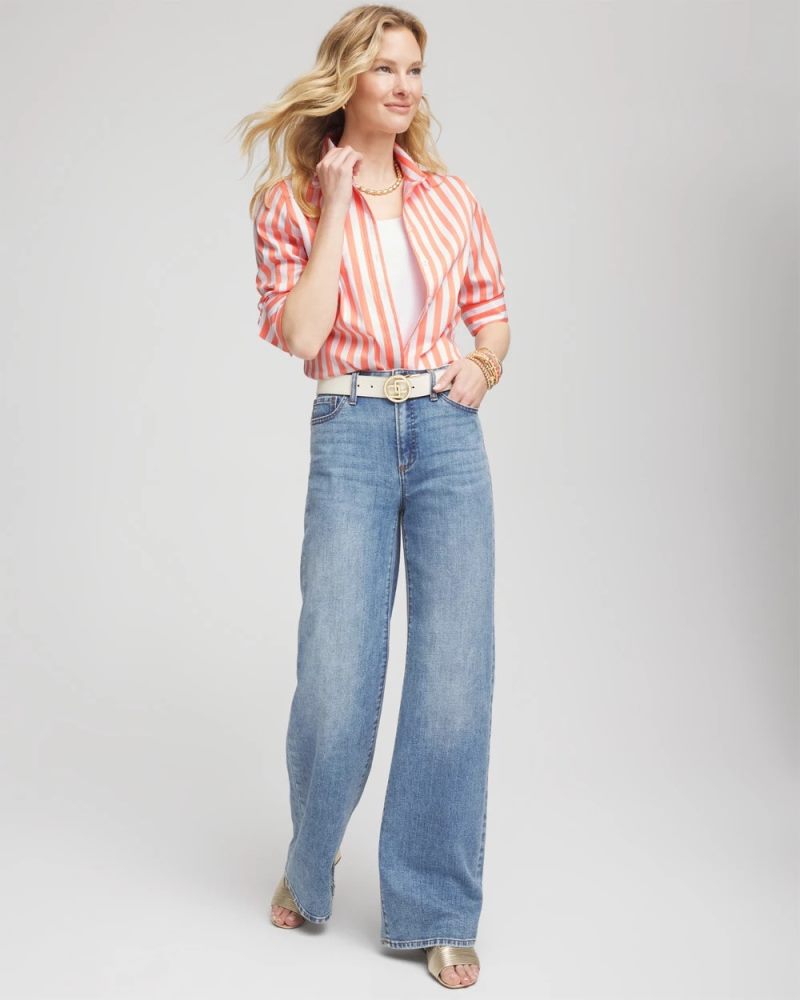 Chicos No Iron Vacation Stripes Shirt - SUNSET PEACH