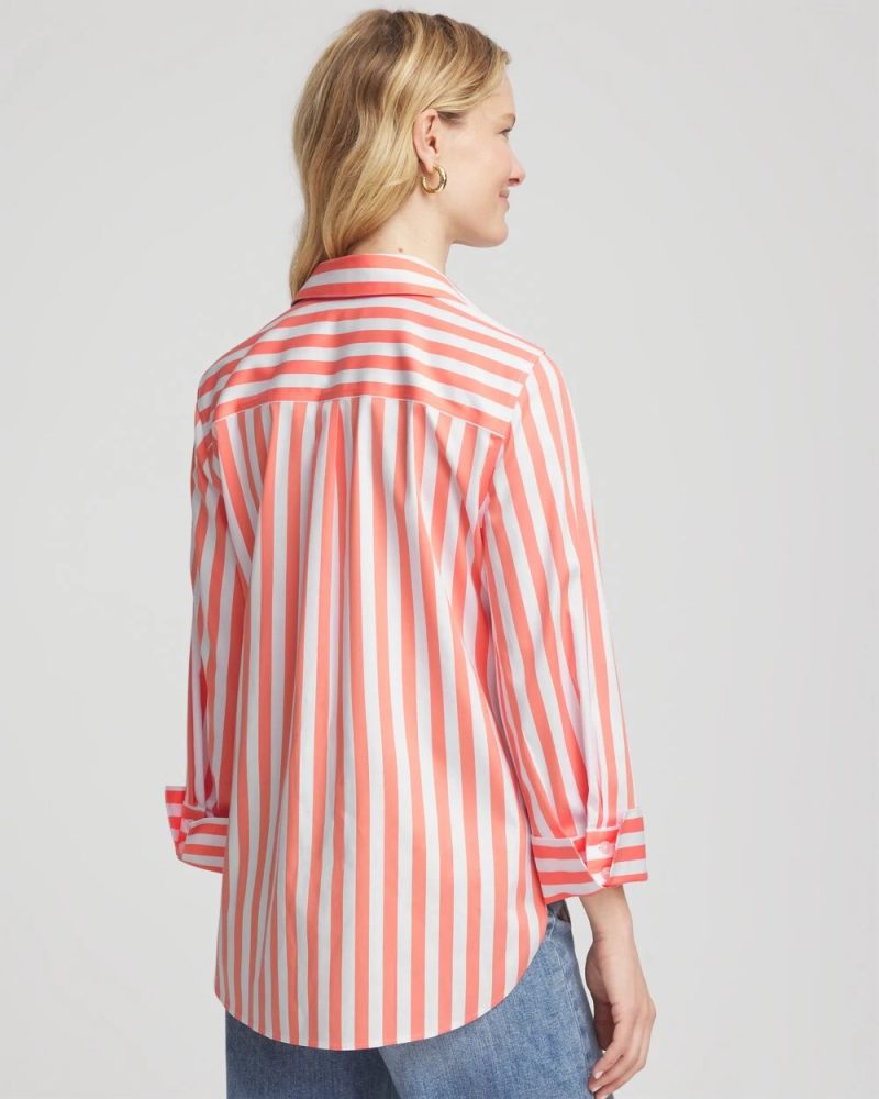 Chicos No Iron Vacation Stripes Shirt - SUNSET PEACH