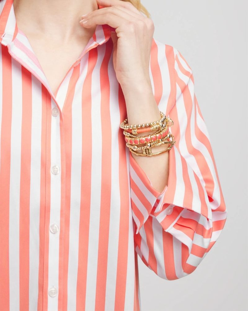 Chicos No Iron Vacation Stripes Shirt - SUNSET PEACH