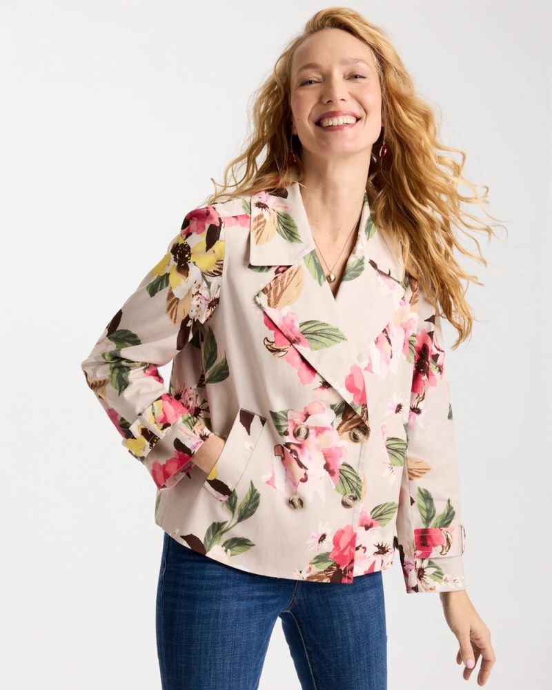 Chicos Cotton-Stretch Floral Trench Coat - SMOKEY TAUPE