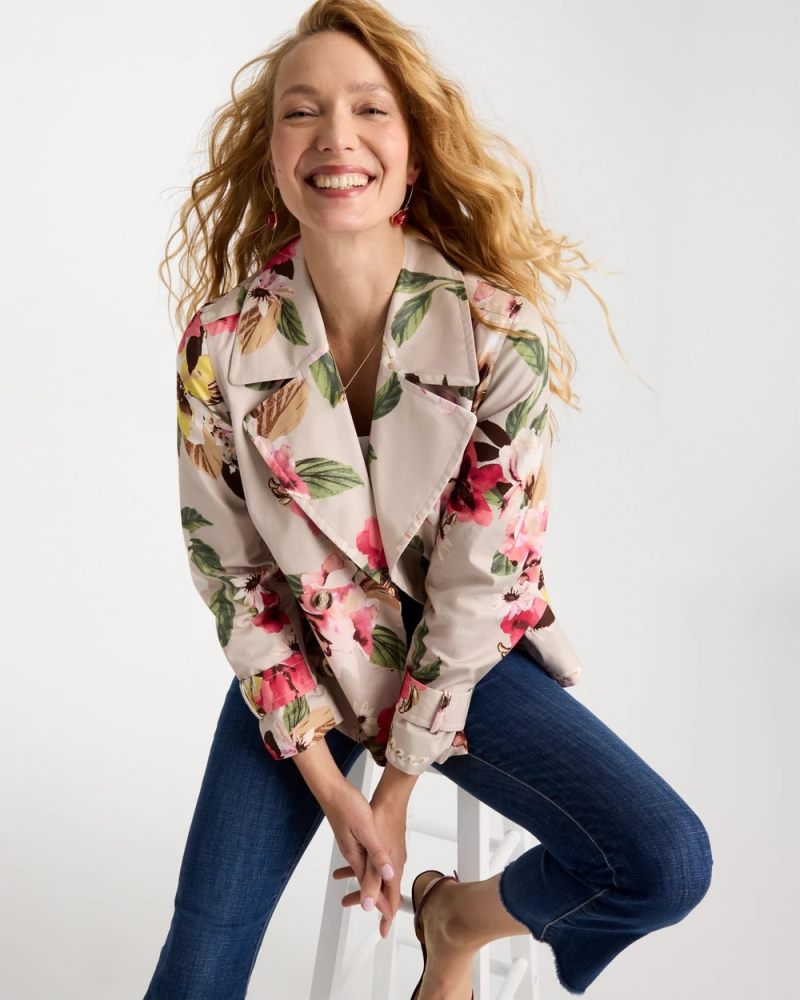 Chicos Cotton-Stretch Floral Trench Coat - SMOKEY TAUPE