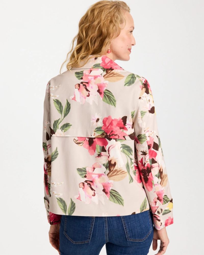 Chicos Cotton-Stretch Floral Trench Coat - SMOKEY TAUPE
