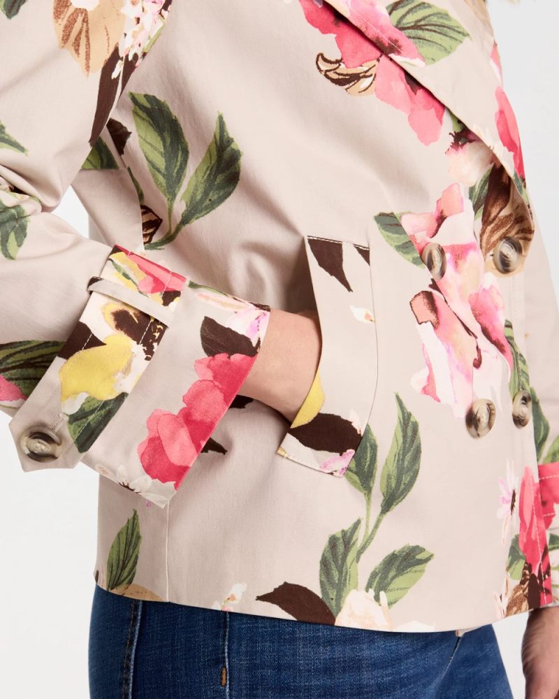 Chicos Cotton-Stretch Floral Trench Coat - SMOKEY TAUPE
