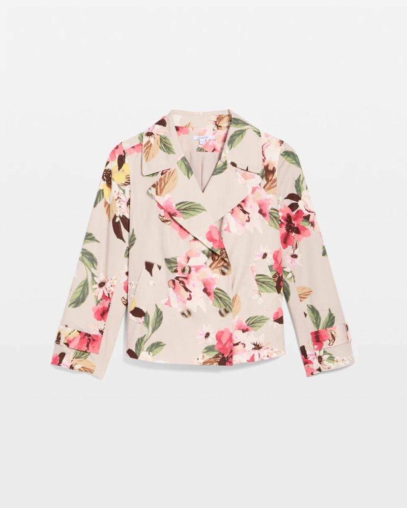 Chicos Cotton-Stretch Floral Trench Coat - SMOKEY TAUPE