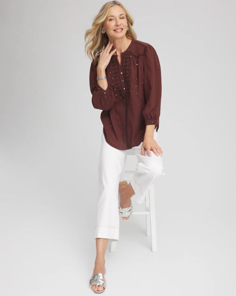 Chicos Embroidered Crinkle-Cotton Blouse - CACAO