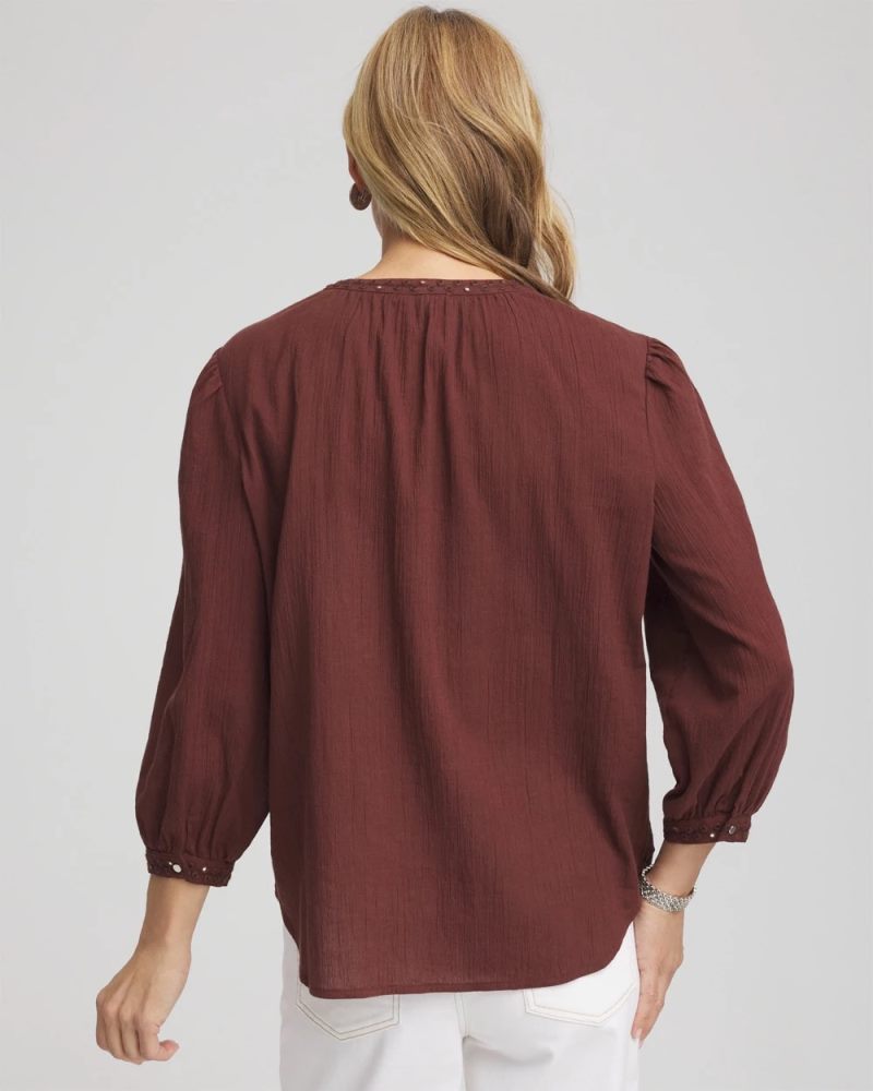 Chicos Embroidered Crinkle-Cotton Blouse - CACAO