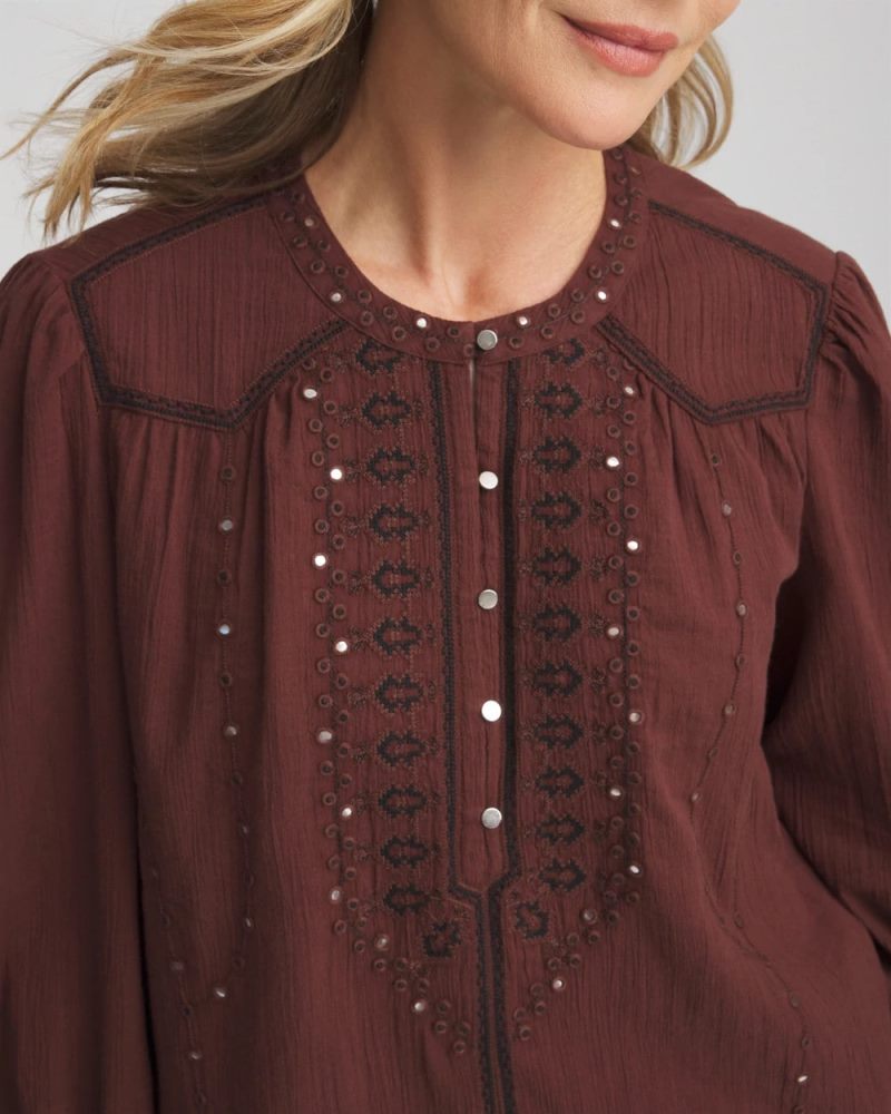 Chicos Embroidered Crinkle-Cotton Blouse - CACAO