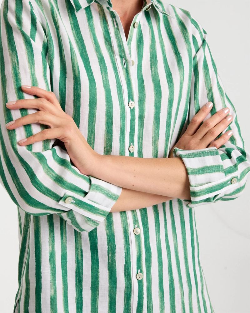 Chicos No Iron Striped Linen Tunic - HUNTER GREEN