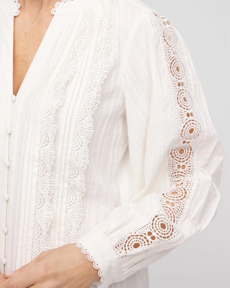 Chicos Split-neck Lace Trim Blouse - ECRU