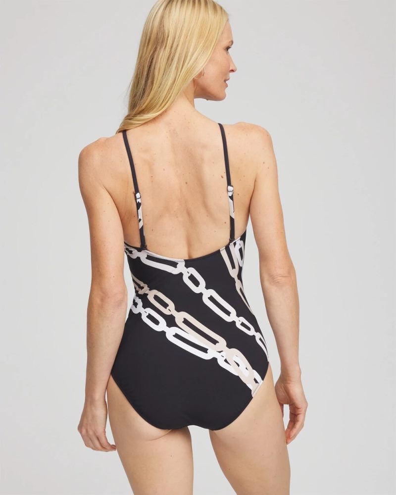 Chicos Gottex High Neck Halter Top Swimsuit - BLACK/NATURAL CREAM
