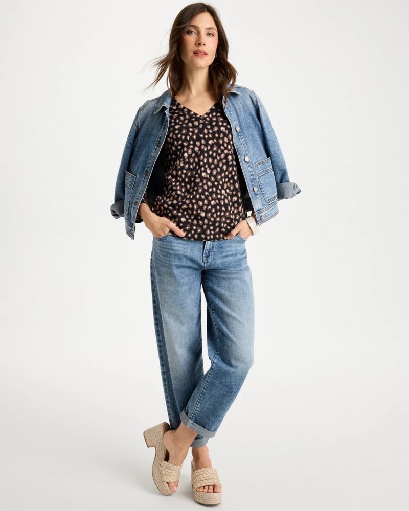Chicos Cotton Stretch 3/4 Sleeve Polka Dot Tee - BLACK