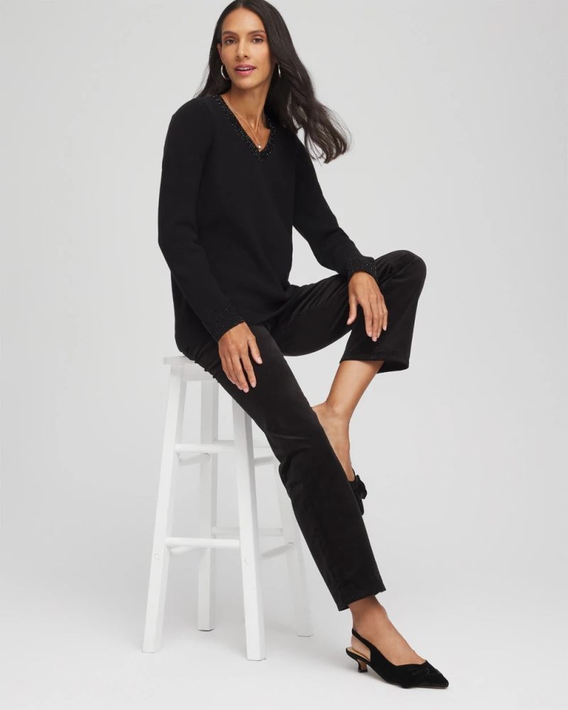 Chicos Embellished V-Neck Pullover Sweater - BLACK