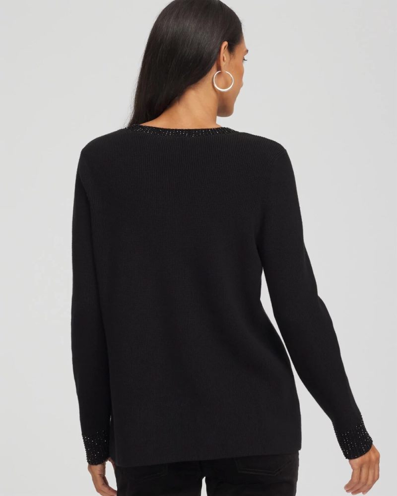 Chicos Embellished V-Neck Pullover Sweater - BLACK