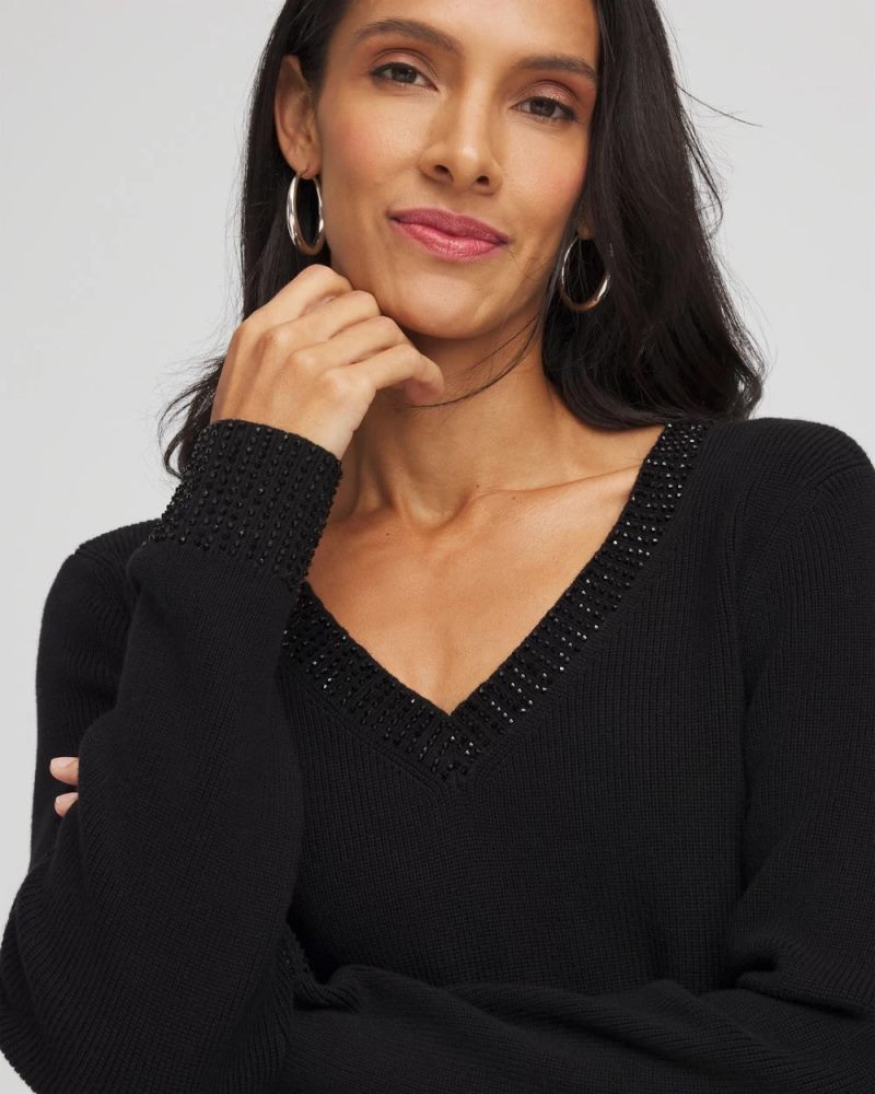 Chicos Embellished V-Neck Pullover Sweater - BLACK