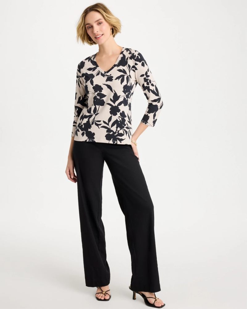 Chicos Cotton Stretch 3/4 Sleeve Floral Tee - BLACK