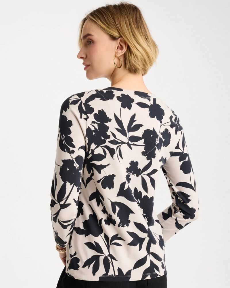 Chicos Cotton Stretch 3/4 Sleeve Floral Tee - BLACK