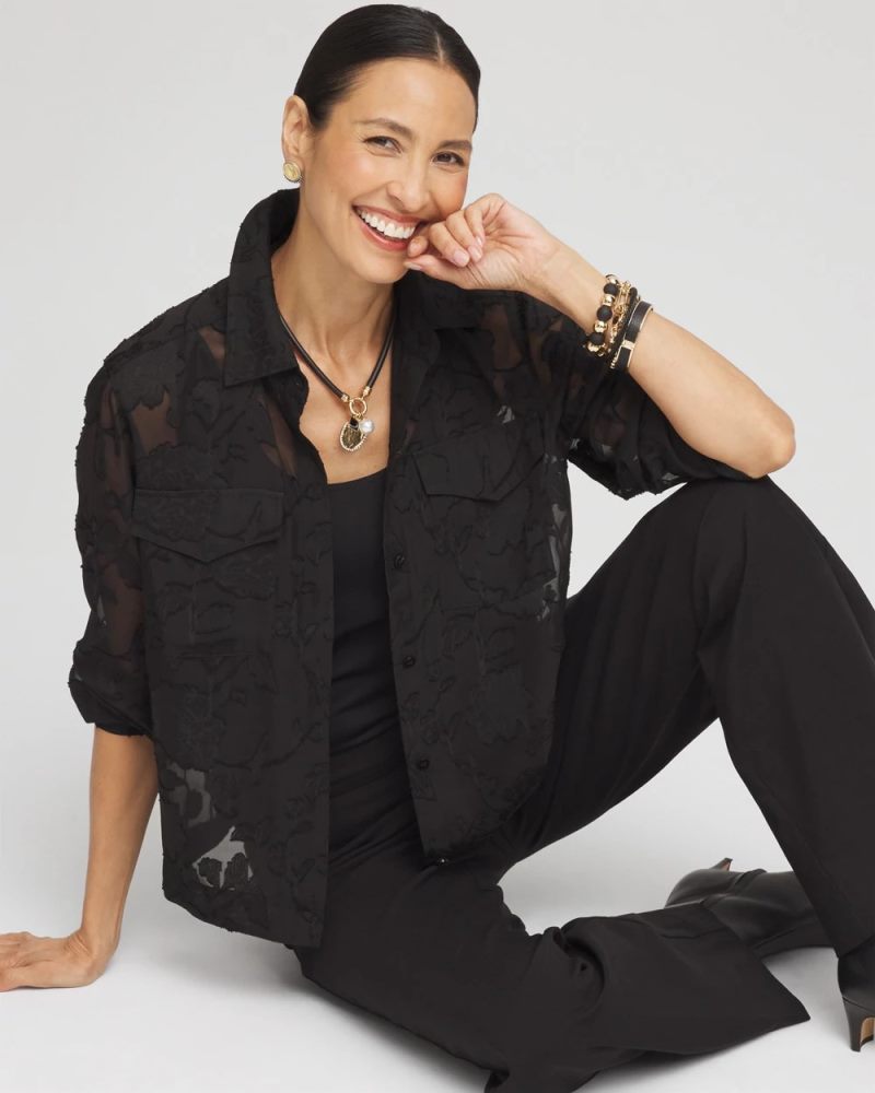 Chicos Long Sleeve Burnout Camp Shirt - BLACK