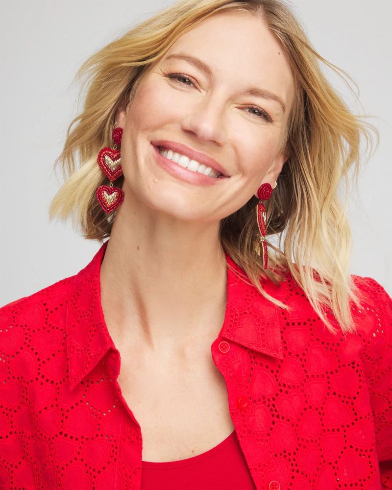 Chicos Red Beaded Heart Drop Earrings - RED
