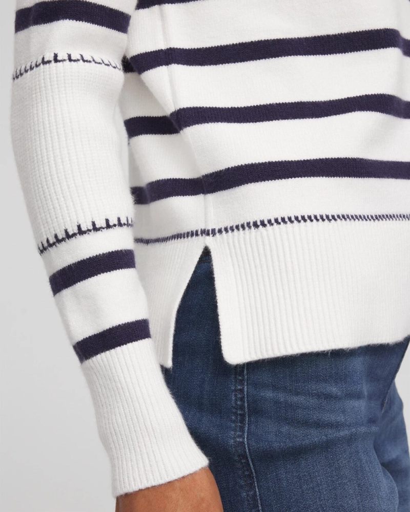 Chicos Striped Relaxed Mockneck Pullover - ECRU