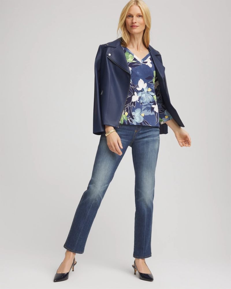 Chicos Printed 3/4 Sleeve Perfect Tee - PASSPORT BLUE