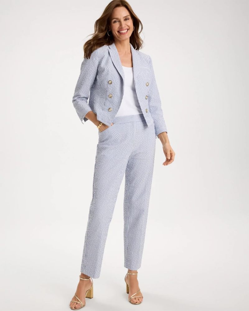 Chicos Striped Seersucker Straight Ankle Pants - BLUE
