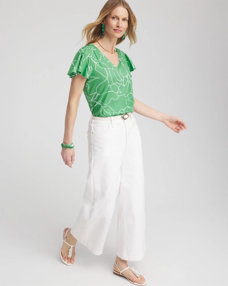 Chicos Green Lines Flutter Sleeve Tee - GRASSY GREEN